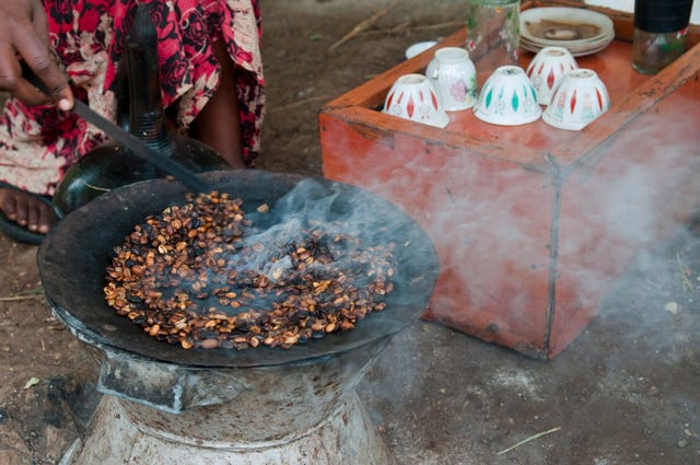 traditional coffee ceremony with roasted coffee in arba minch, ethiopia