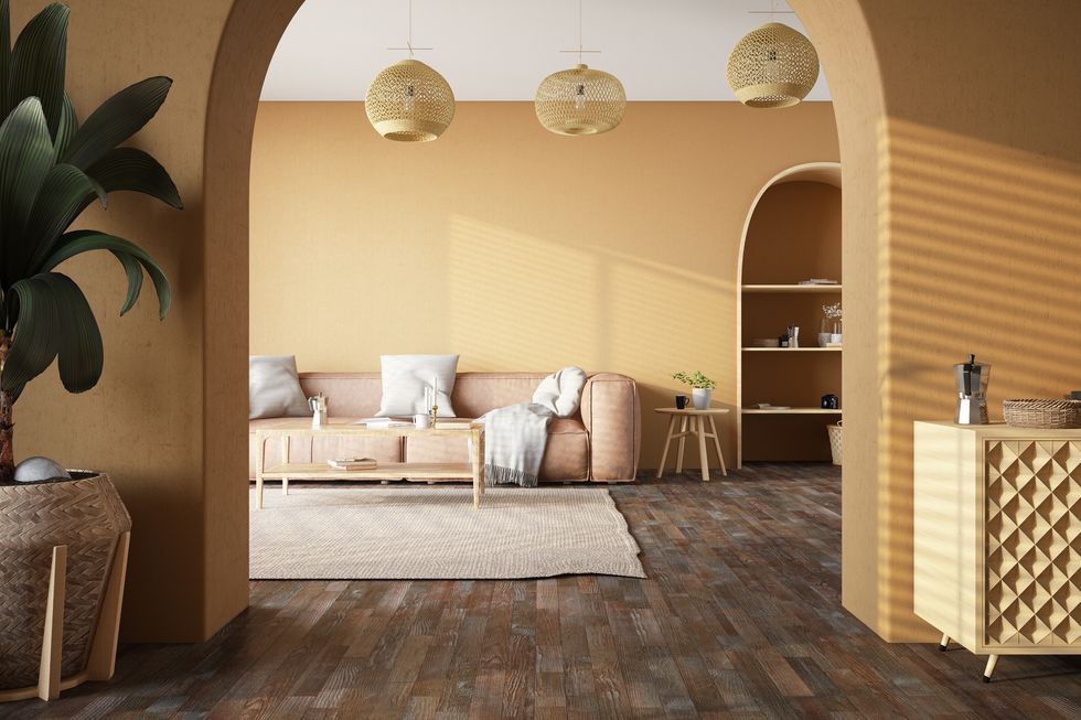 cozy boho style living room through arch door 3d render