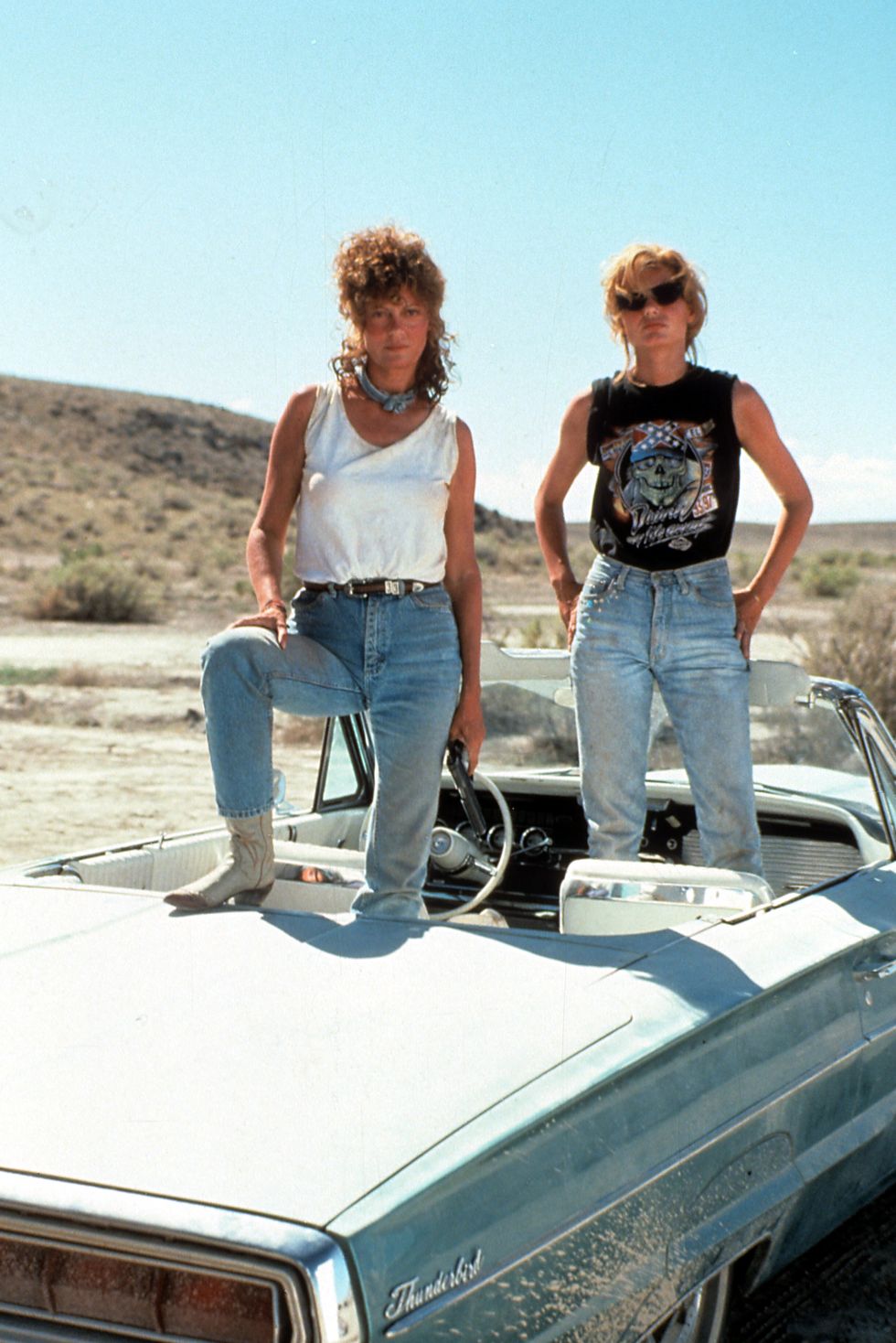 susan sarandon and geena davis standing in the convertible in publicity portrait for the film thelma louise, 1991 photo by metro goldwyn mayergetty images susan sarandon and geena davis in thelma and louise
