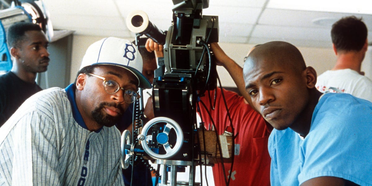 Director Spike Lee sitting with Mekhi Phifer in between scenes from the film 'Clockers', 1995. Director Spike Lee sitting with Mekhi Phifer in between scenes from the film 'Clockers', 1995.