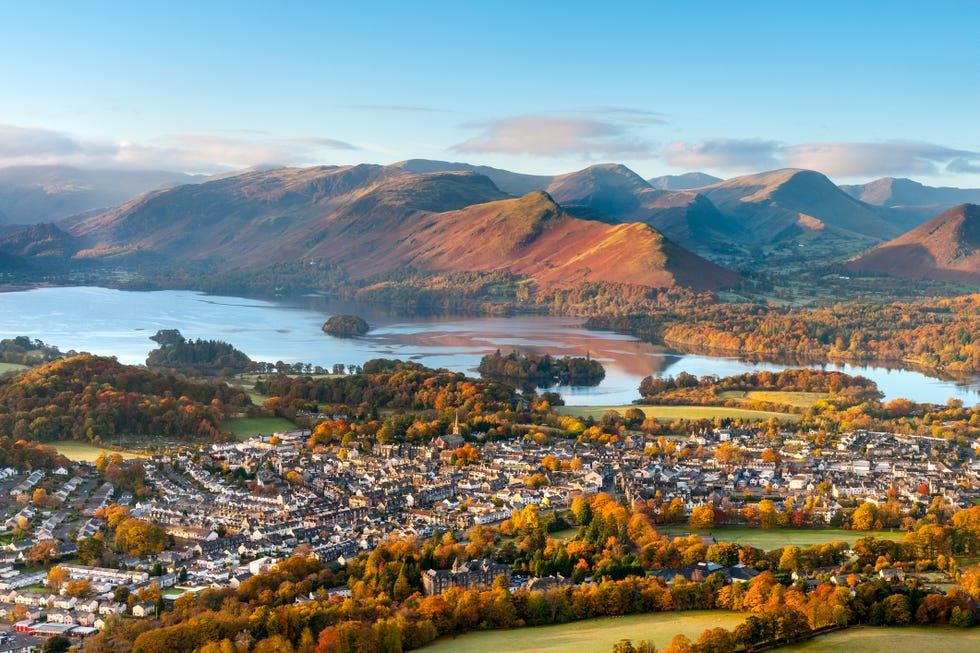 looking over the small town of keswick on the edge of derwent water in the lake district national park.