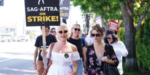 los angeles, ca august 15 florence pugh walks the picket line in support of the sag aftra and wga strike at disney studios on august 15, 2023 in burbank, california photo by hollywood to youstar maxgc images local caption florence pugh