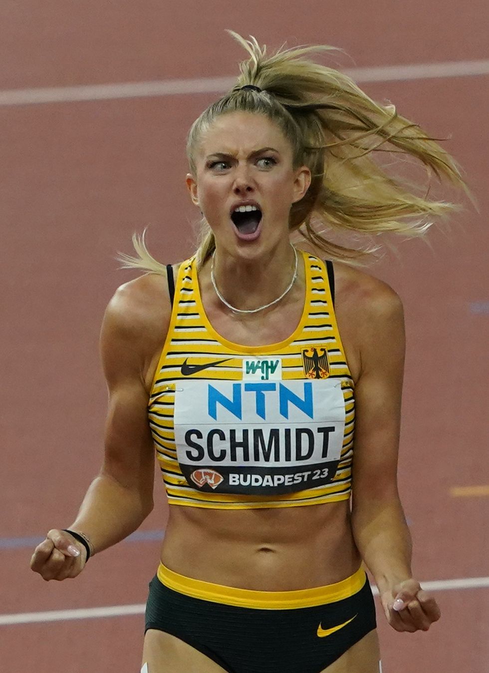 19 august 2023, hungary, budapest athletics world championships, 4 x 400 m, mixed, final, at the national athletics center alica schmidt germany screams on the running track photo marcus brandtdpa photo by marcus brandtpicture alliance via getty images