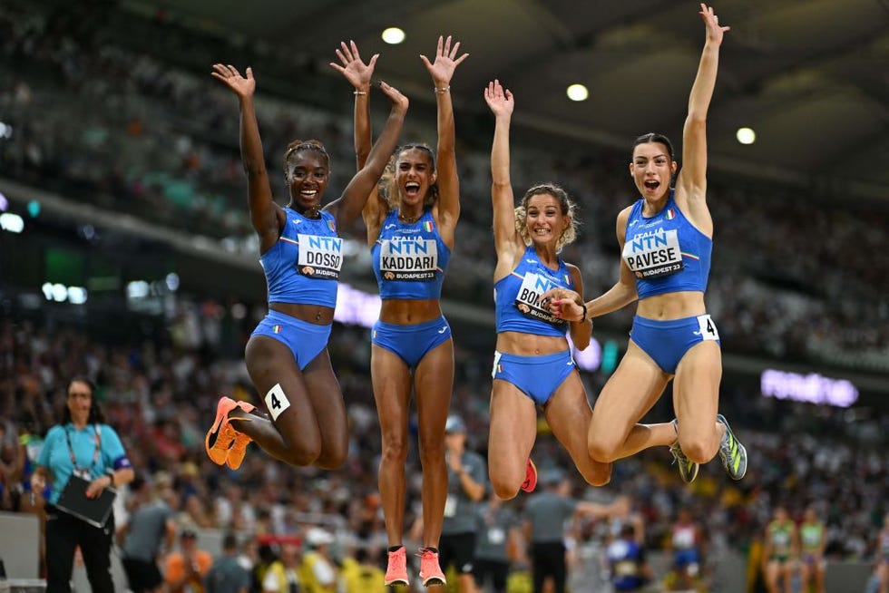 italys zaynab dosso, italys dalia kaddari, italys anna bongiorni and italys alessia pavese celebrate after the womens 4x100m relay heats during the world athletics championships at the national athletics centre in budapest on august 25, 2023 photo by jewel samad afp photo by jewel samadafp via getty images