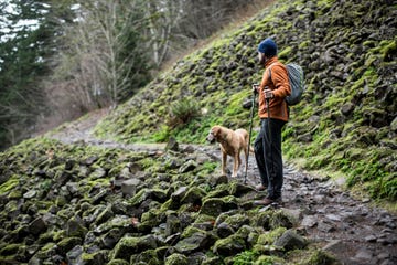 a man hiking in oregon on a winter day