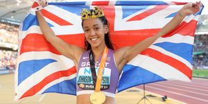budapest, hungary august 20 katarina johnson thompson of team great britain celebrates with a crown and a great britain flag after winning gold in the womens 800m heptathlon final during day two of the world athletics championships budapest 2023 at national athletics centre on august 20, 2023 in budapest, hungary photo by michael steelegetty images