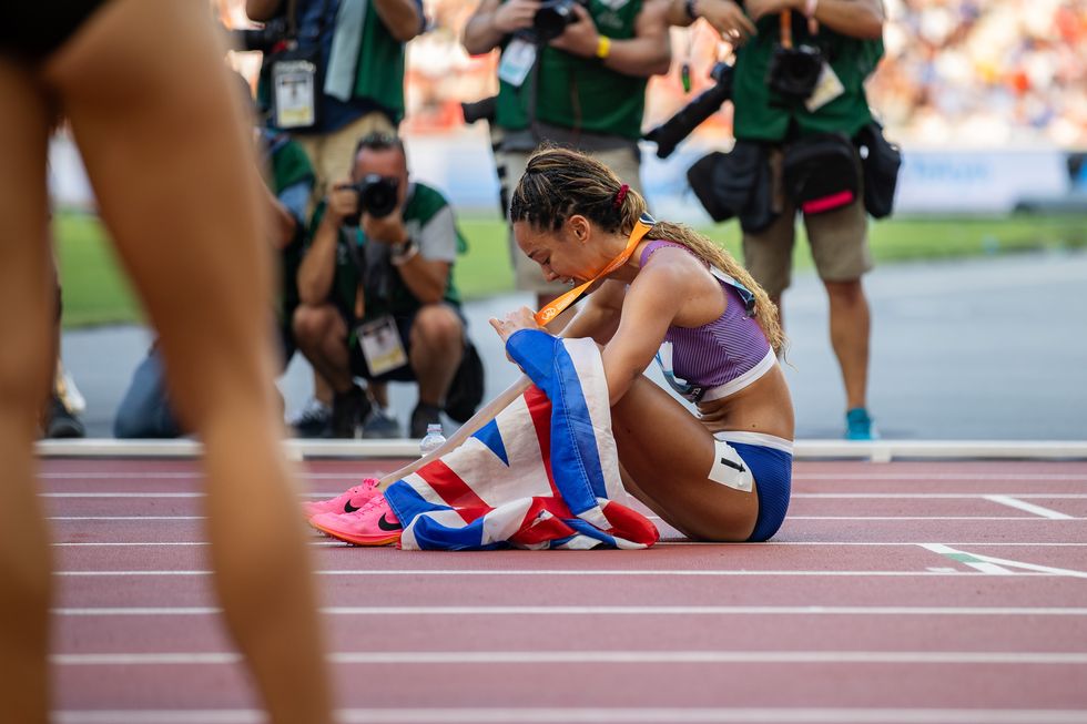 budapest, hungary august 20 katarina johnson thompson of great britain reacts following the womens heptathlon 800m during day two of the world athletics championships budapest 2023 at national athletics centre on august 20, 2023 in budapest, hungary photo by sam mellishgetty images