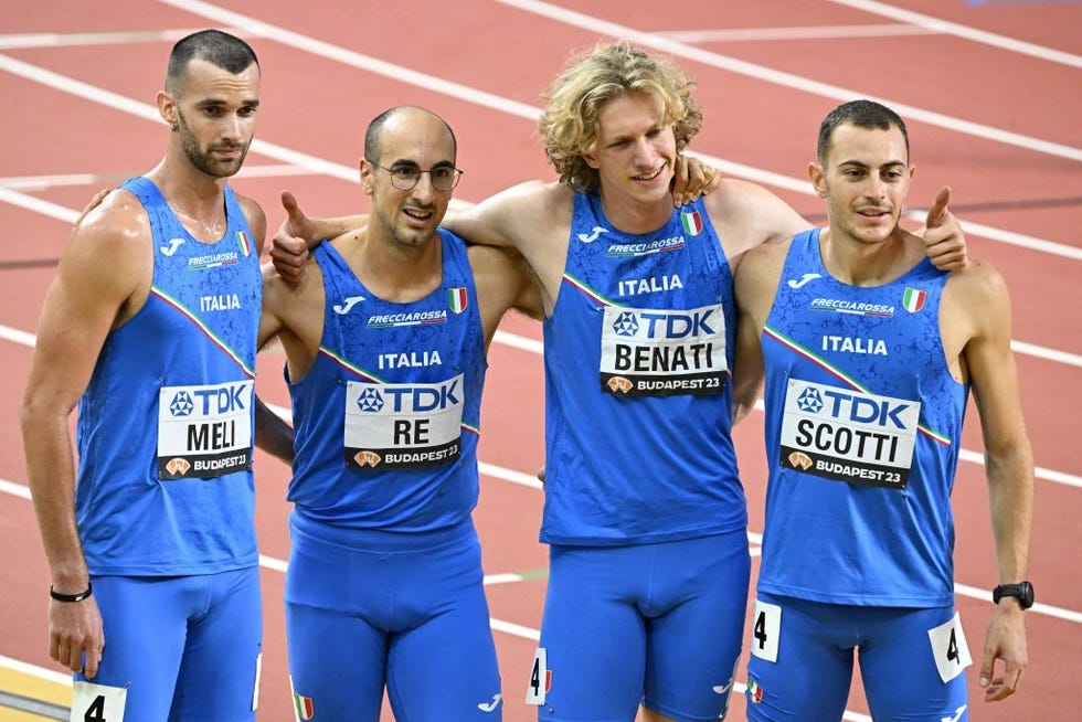 l to r italys riccardo meli, davide re, lorenzo benati, and edoardo scotti pose for a photo after the mens 4x400m relay final during the world athletics championships at the national athletics centre in budapest on august 27, 2023 photo by attila kisbenedek afp photo by attila kisbenedekafp via getty images