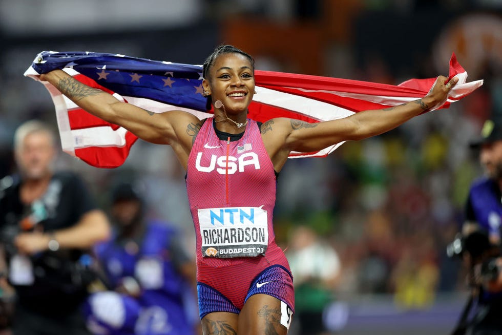 budapest, hungary august 21 shacarri richardson of team united states celebrates winning the womens 100m final during day three of the world athletics championships budapest 2023 at national athletics centre on august 21, 2023 in budapest, hungary photo by michael steelegetty images