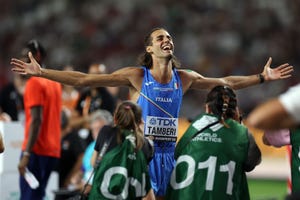 budapest, hungary august 22 gold medalist gianmarco tamberi of team italy reacts after winning the mens high jump final during day four of the world athletics championships budapest 2023 at national athletics centre on august 22, 2023 in budapest, hungary photo by steph chambersgetty images