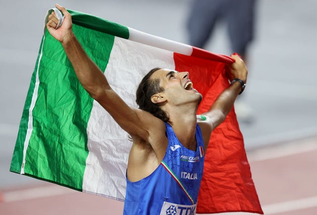 budapest, hungary august 22 gold medalist gianmarco tamberi of team italy reacts after winning the mens high jump final during day four of the world athletics championships budapest 2023 at national athletics centre on august 22, 2023 in budapest, hungary photo by michael steelegetty images