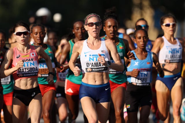 budapest, hungary august 26: keira d'amato of team united states competes in women's marathon during day eight of the world athletics championships budapest 2023 at heroes' square on august 26, 2023 in budapest, hungary. (photo by christian petersen/getty images for world athletics)
