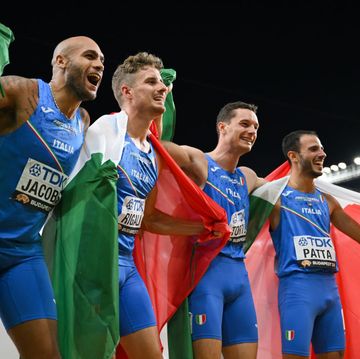 budapest, hungary august 26 silver medalists lamont marcell jacobs, roberto rigali, filippo tortu, and lorenzo patta of team italy celebrate after the mens 4x100m relay final during day eight of the world athletics championships budapest 2023 at national athletics centre on august 26, 2023 in budapest, hungary photo by shaun botterillgetty images