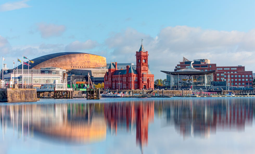 cardiff, wales june 10 2019 panoramic view of the cardiff bay cardiff, wales