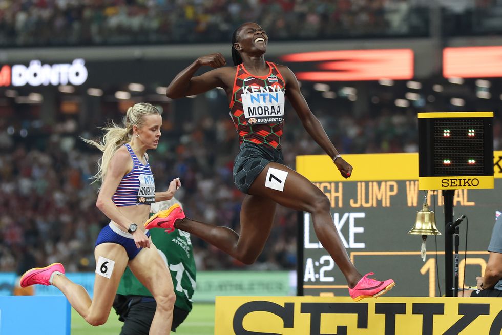 budapest, hungary august 27 gold medalist mary moraa of team kenya celebrates winning the womens 800m final during day nine of the world athletics championships budapest 2023 at national athletics centre on august 27, 2023 in budapest, hungary photo by steph chambersgetty images
