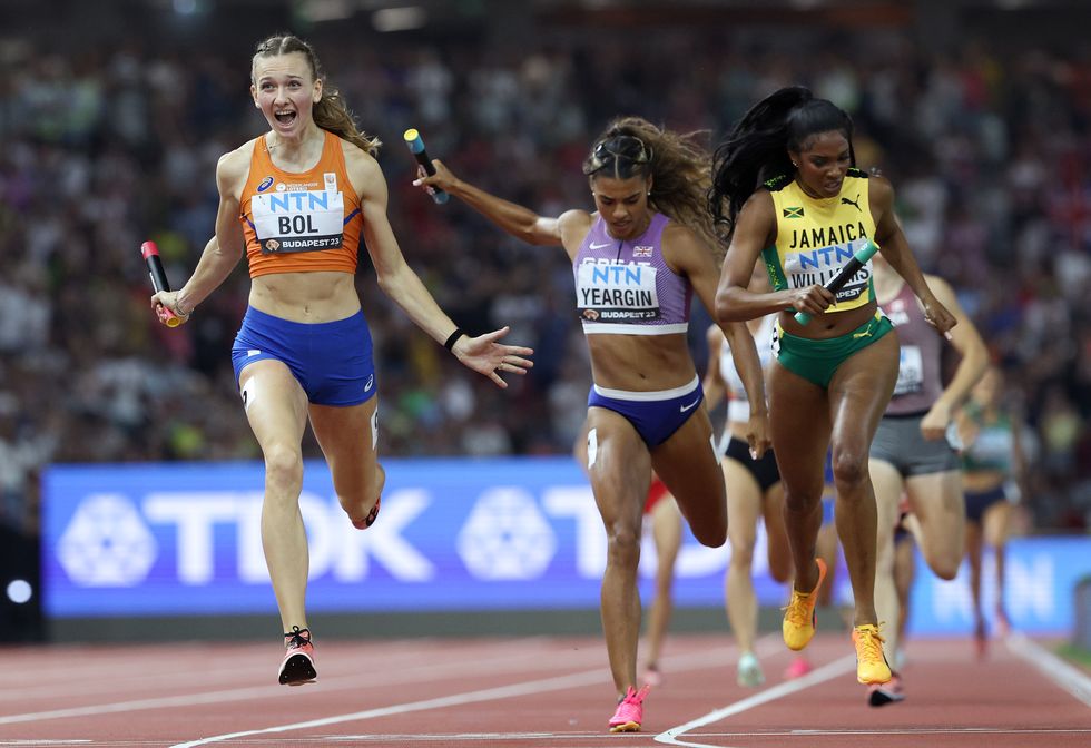 budapest, hungary august 27 femke bol of team netherlands wins the womens 4x400m relay final during day nine of the world athletics championships budapest 2023 at national athletics centre on august 27, 2023 in budapest, hungary photo by michael steelegetty images