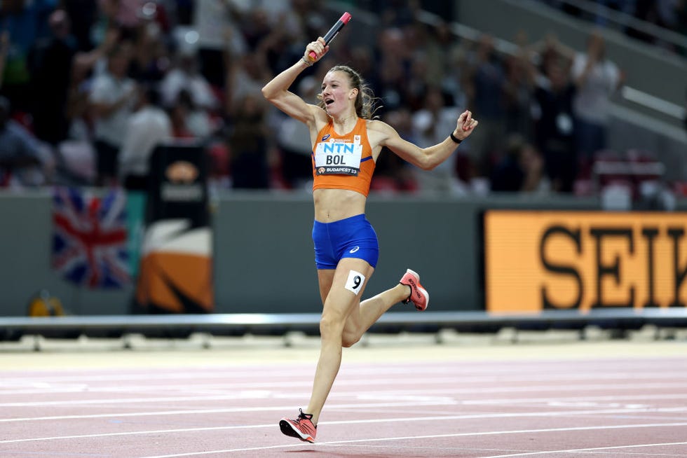 budapest, hungary august 27 gold medalist femke bol of team netherlands celebrates winning the womens 4x400m relay final during day nine of the world athletics championships budapest 2023 at national athletics centre on august 27, 2023 in budapest, hungary photo by stephen pondgetty images for world athletics