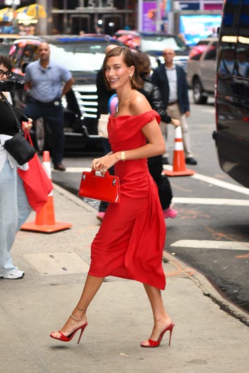 new york, new york august 28 hailey bieber arrives at good morning america at the abc studio in time square on august 28, 2023 in new york city photo by robert kamaugc images