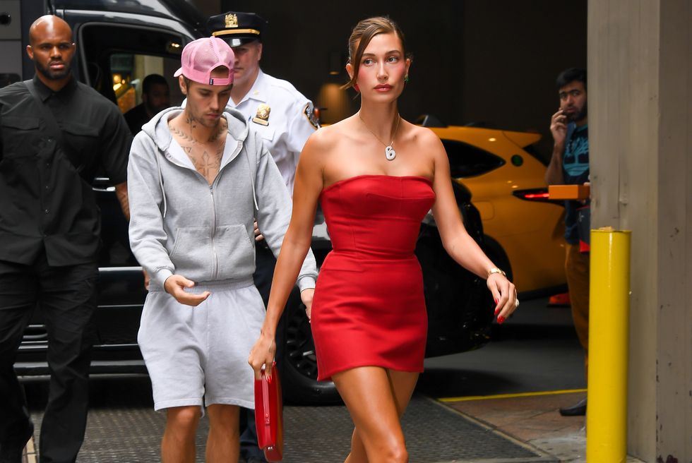 new york, new york august 28 justin bieber and hailey bieber arrive at krispy kreme in times square on august 28, 2023 in new york city photo by robert kamaugc images