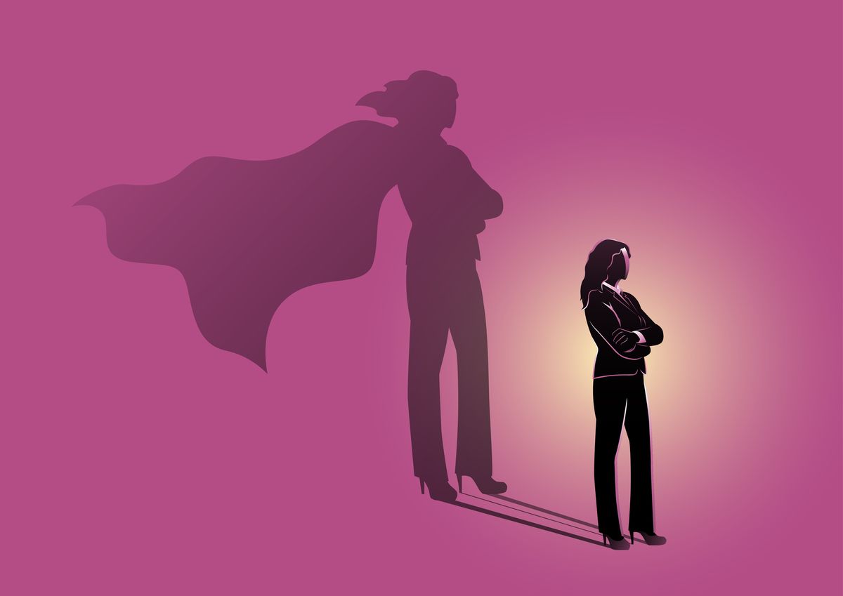 business woman with a super hero shadow leadership motivation concept vector illustration