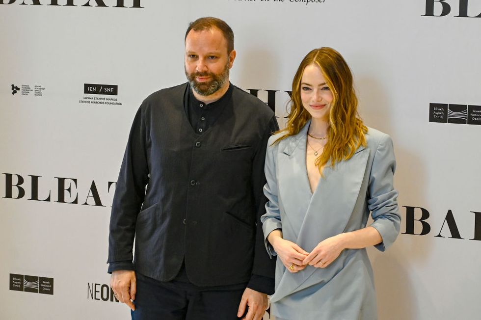 athens, greece   may 05 actress emma stone and greek director yorgos lanthimos l arrive for the screening of bleat  at the greek national opera in athenson may 5, 2022 in athens, greece photo by milos bicanskigetty images