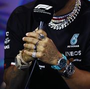 miami, florida   may 06 a detail shot of the jewellery of lewis hamilton of great britain and mercedes in the drivers press conference prior to practice ahead of the f1 grand prix of miami at the miami international autodrome on may 06, 2022 in miami, florida photo by jared c tiltongetty images