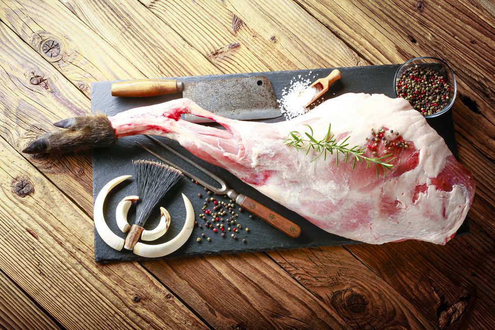 detail of raw meat, thigh of wild boar on a black plate with rosemary, salt and pepper the atmosphere of hunting is completed by weapons from wild boar