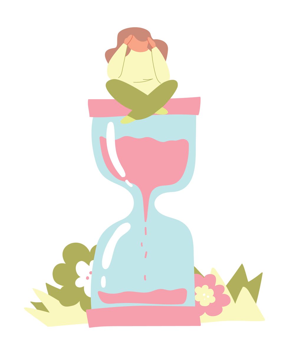 cartoon woman sits on an hourglass the female reproductive system countdown for a gir