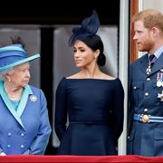 london, united kingdom   july 10 embargoed for publication in uk newspapers until 24 hours after create date and time queen elizabeth ii, meghan, duchess of sussex and prince harry, duke of sussex watch a flypast to mark the centenary of the royal air force from the balcony of buckingham palace on july 10, 2018 in london, england the 100th birthday of the raf, which was founded on on 1 april 1918, was marked with a centenary parade with the presentation of a new queens colour and flypast of 100 aircraft over buckingham palace photo by max mumbyindigogetty images