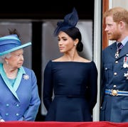 Members Of The Royal Family Attend Events To Mark The Centenary Of The RAF london, united kingdom july 10 embargoed for publication in uk newspapers until 24 hours after create date and time queen elizabeth ii, meghan, duchess of sussex and prince harry, duke of sussex watch a flypast to mark the centenary of the royal air force from the balcony of buckingham palace on july 10, 2018 in london, england the 100th birthday of the raf, which was founded on on 1 april 1918, was marked with a centenary parade with the presentation of a new queens colour and flypast of 100 aircraft over buckingham palace photo by max mumbyindigogetty images