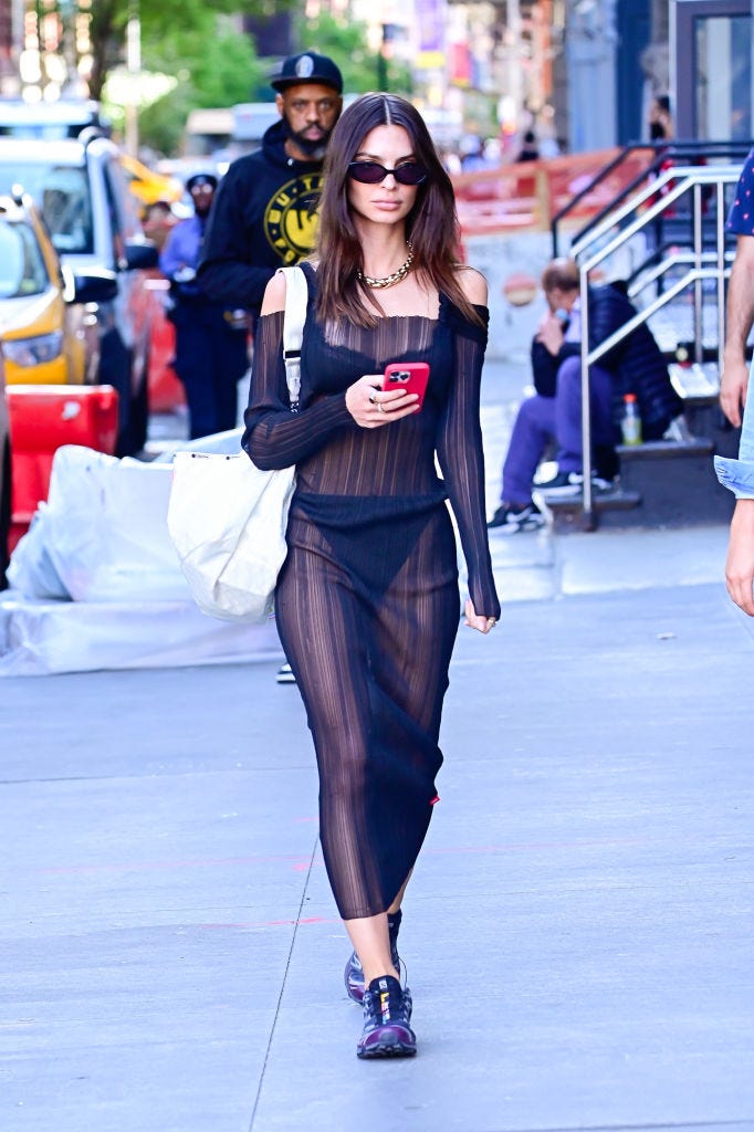 Emily Ratajkowski Walks Dog in Billowing Pants, Crop Top