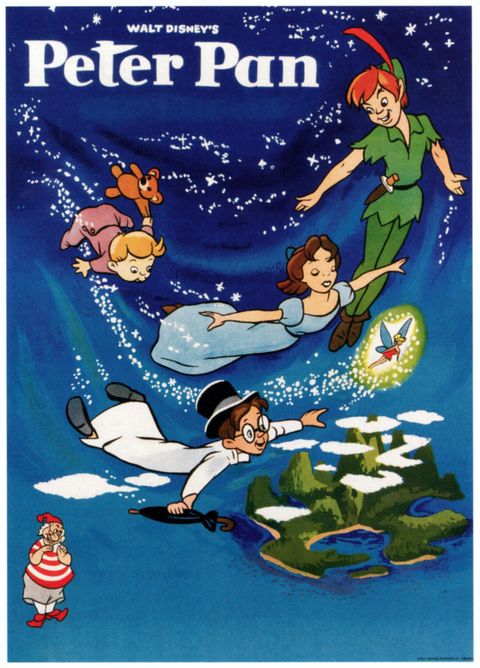 peter pan, poster, top from left michael darling, john darling, wendy darling, tinkerbell, , bottom right mr smee, 1953 photo by lmpc via getty images