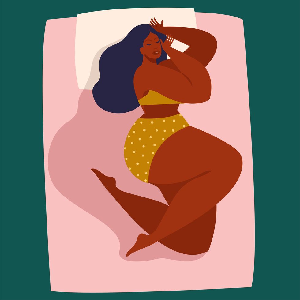 dream in a hot summer night young woman sleeping in bed without a blanket female cartoon character lying in a comfortable pose during night slumber vector illustration in flat style