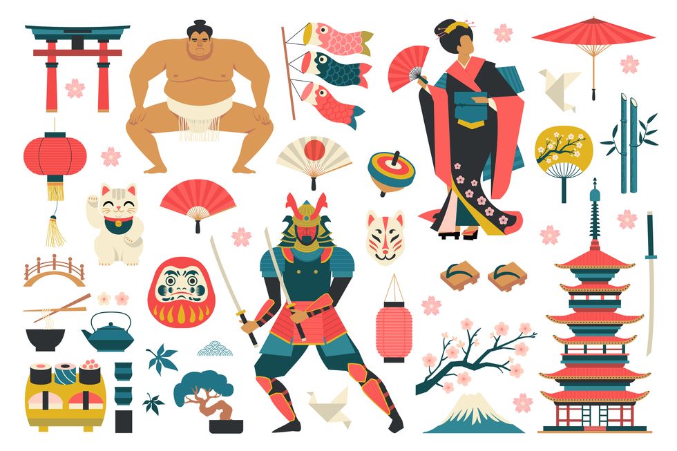 set of japanese traditional objects icons