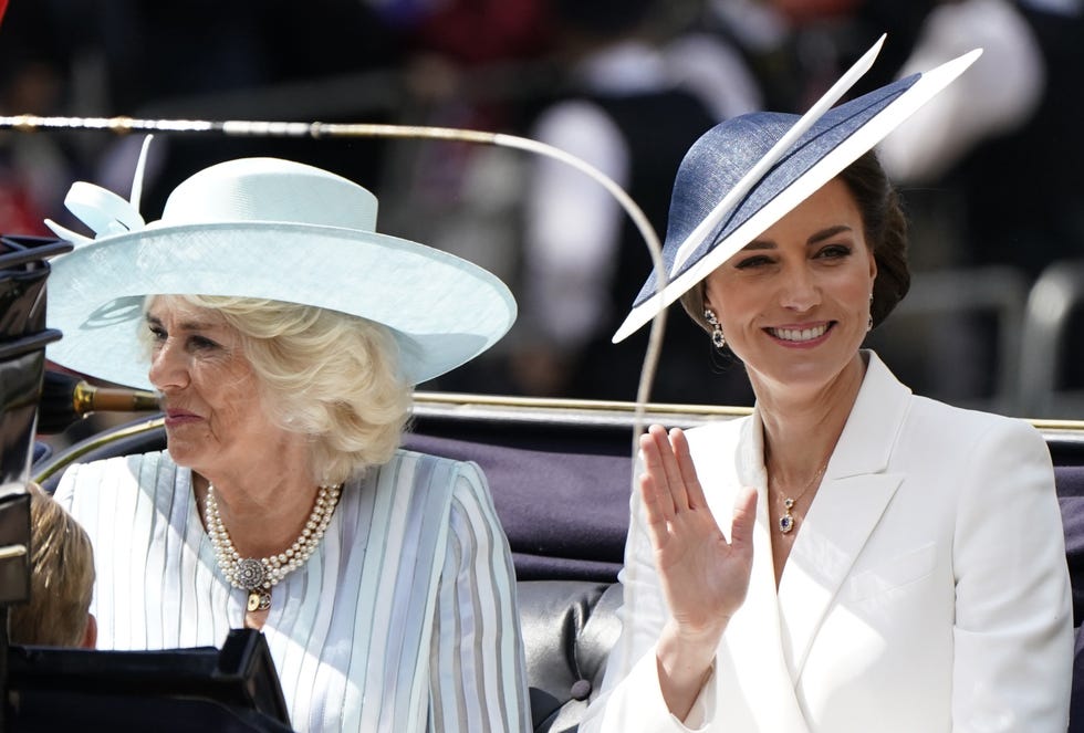 the duchess of cornwall and the duchess of cambridge ride in a carriage as the royal procession leaves buckingham palace for the trooping the colour ceremony at horse guards parade, central london, as the queen celebrates her official birthday, on day one of the platinum jubilee celebrations picture date thursday june 2, 2022 photo by andrew matthewspa images via getty images