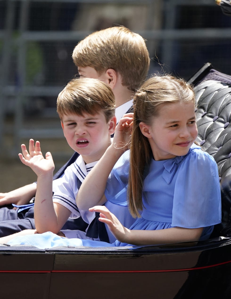 prince george, prince louis, and princess charlotte wave ride in a carriage as the royal procession travels down the mall to the trooping the colour ceremony at horse guards parade, central london, as the queen celebrates her official birthday, on day one of the platinum jubilee celebrations picture date thursday june 2, 2022 photo by andrew matthewspa images via getty images