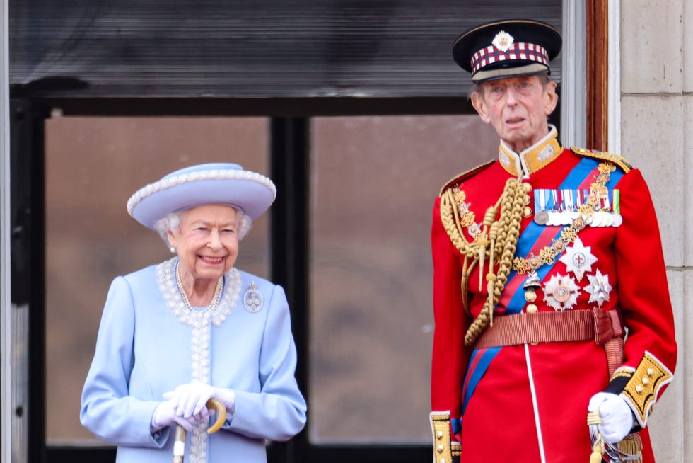 london, england   june 02   queen elizabeth ii and prince edward, duke of kent on the balcony of buckingham palace during the trooping the colour parade on june 02, 2022 in london, england the platinum jubilee of elizabeth ii is being celebrated from june 2 to june 5, 2022, in the uk and commonwealth to mark the 70th anniversary of the accession of queen elizabeth ii on 6 february 1952  photo by chris jacksongetty images