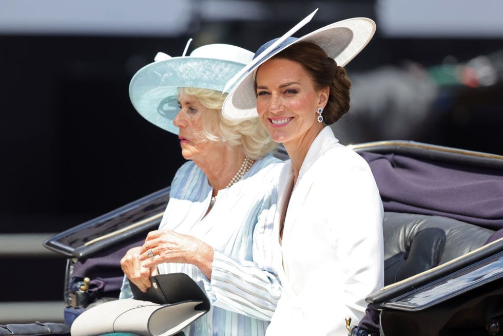 london, england   june 02  camilla, duchess of cornwall, catherine and duchess of cambridge ride in a carriage during the trooping the colour parade  on june 02, 2022 in london, england the platinum jubilee of elizabeth ii is being celebrated from june 2 to june 5, 2022, in the uk and commonwealth to mark the 70th anniversary of the accession of queen elizabeth ii on 6 february 1952  photo by chris jackson   wpa poolgetty images