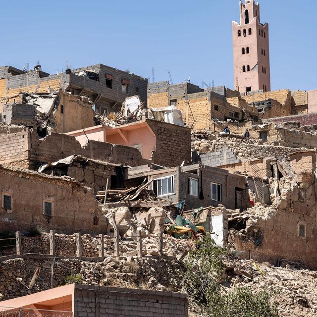 topshot the minaret of a mosque stands behind damaged or destroyed houses following an earthquake in moulay brahim, al haouz province, on september 9, 2023 moroccos deadliest earthquake in decades has killed at least 1000 people, officials said on september 9, causing widespread damage and sending terrified residents and tourists scrambling to safety in the middle of the night photo by fadel senna afp photo by fadel sennaafp via getty images