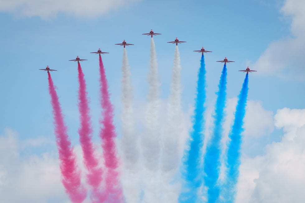 the red arrows during a flypast at the conclusion of the trooping the colour ceremony at horse guards parade, central london, as the queen celebrates her official birthday, on day one of the platinum jubilee celebrations picture date thursday june 2, 2022 photo by dominic lipinskipa images via getty images