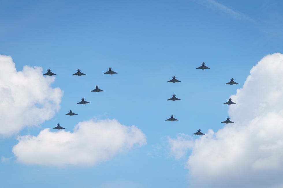 aircraft spell out 70 during a flypast at the conclusion of the trooping the colour ceremony at horse guards parade, central london, as the queen celebrates her official birthday, on day one of the platinum jubilee celebrations picture date thursday june 2, 2022 photo by dominic lipinskipa images via getty images