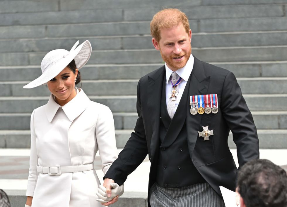 london, england   june 03 meghan, duchess of sussex and prince harry, duke of sussex attend the national service of thanksgiving at st pauls cathedral on june 03, 2022 in london, england the platinum jubilee of elizabeth ii is being celebrated from june 2 to june 5, 2022, in the uk and commonwealth to mark the 70th anniversary of the accession of queen elizabeth ii on 6 february 1952 photo by karwai tangwireimage