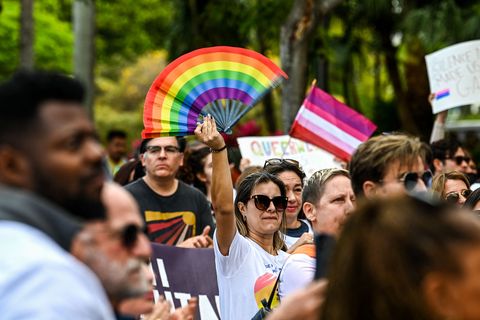members and supporters of the lgbtq community attend the say gay anyway rally in miami beach