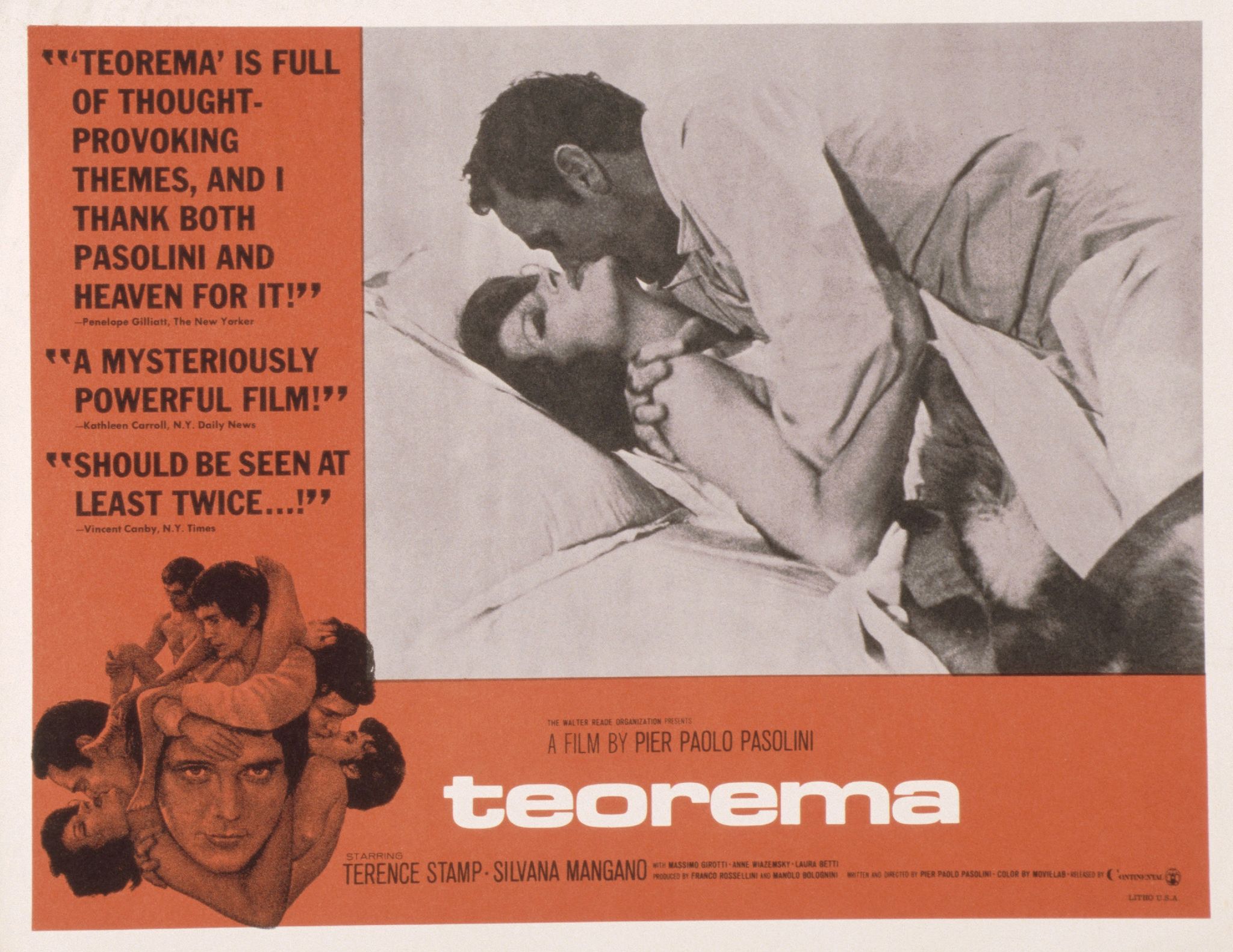 teorema, us lobbycard, top from left silvana mangano, terence stamp, 1968 photo by lmpc via getty images