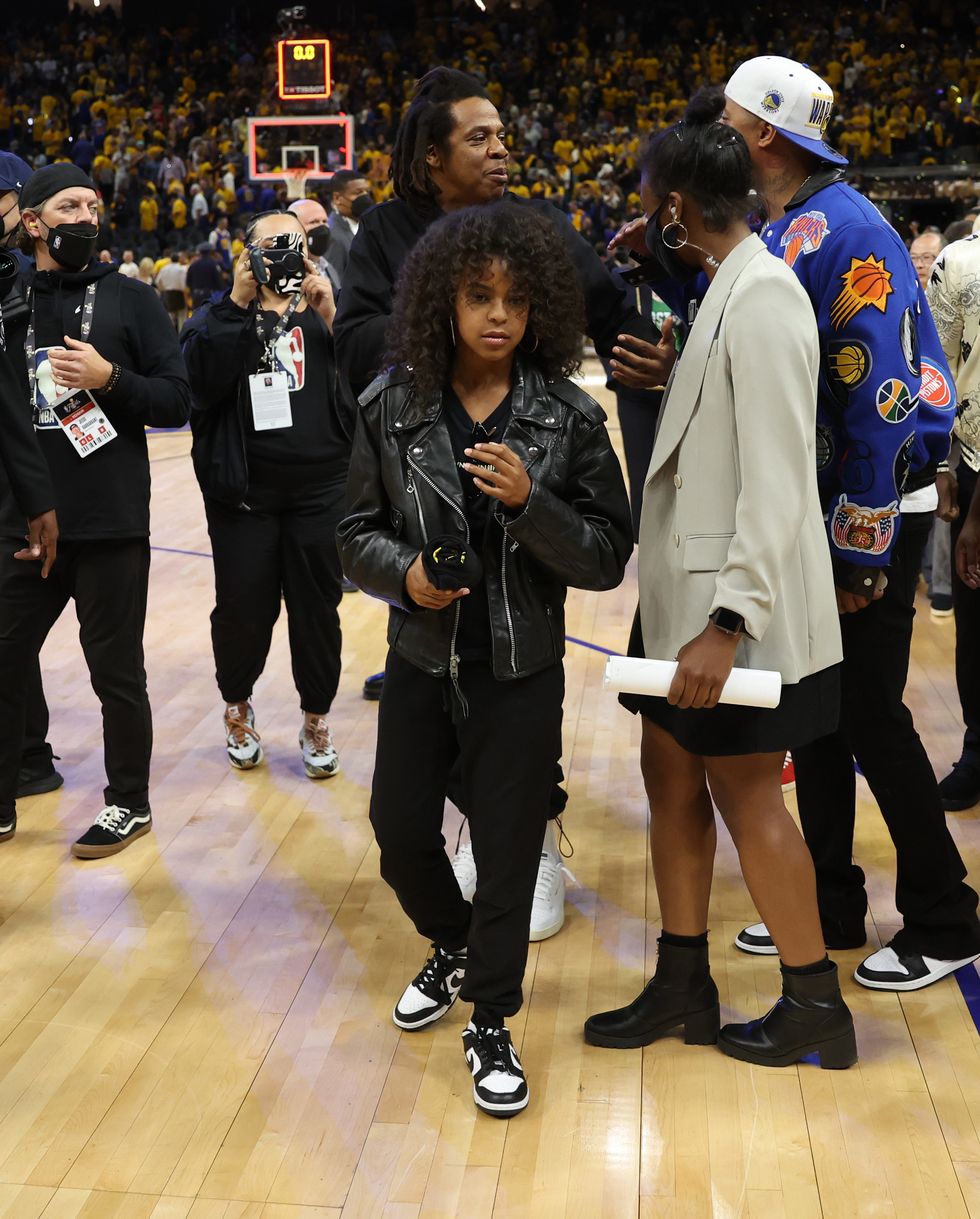 san francisco, california   june 13 rapper jay z and his daughter blue ivy carter walk off the court after the golden state warriors won game five of the 2022 nba finals 104 94 against the boston celtics at chase center on june 13, 2022 in san francisco, california note to user user expressly acknowledges and agrees that, by downloading andor using this photograph, user is consenting to the terms and conditions of the getty images license agreement photo by ezra shawgetty images