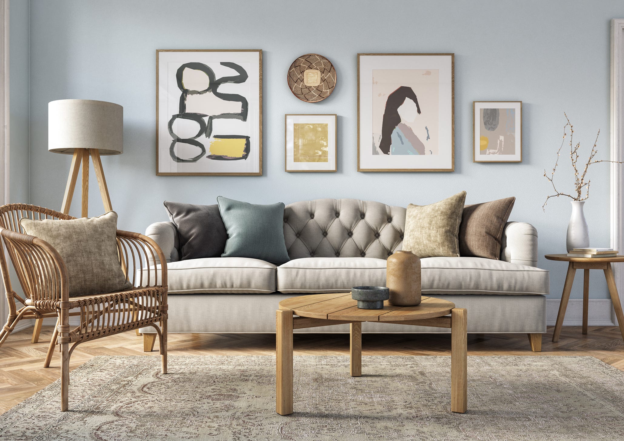 bohemian living room interior 3d render with  beige colored furniture and wooden elements and light blue colored wall