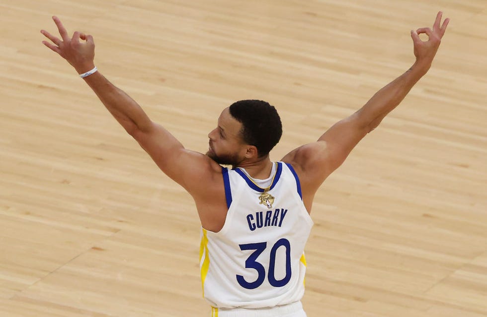 san francisco   june 14 golden state warriors guard stephen curry 30 reacts after teammate guard klay thompson 11 makes a three point basket against the boston celtics golden state warriors during fourth quarter action the boston celtics visited the golden state warriors for game five of the nba finals at the chase center in san francisco, ca on june 13, 2022 photo by matthew j leethe boston globe via getty images