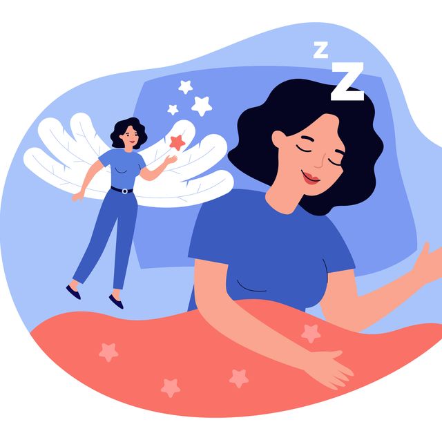 happy woman lucid dreaming in rem sleep state isolated flat vector illustration cartoon character having supernatural experience when soul left body physiological condition and dream concept