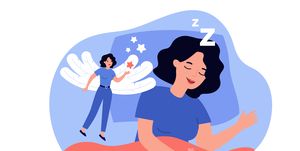 happy woman lucid dreaming in rem sleep state isolated flat vector illustration cartoon character having supernatural experience when soul left body physiological condition and dream concept