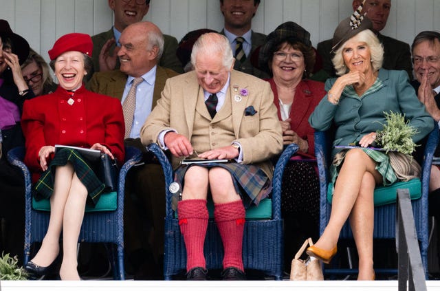 braemar, scotland september 02 princess anne, princess royal, king charles iii and queen camilla attend the braemar gathering 2023 at the princess royal and duke of fife memorial park on september 02, 2023 in braemar, scotland photo by samir husseinwireimage